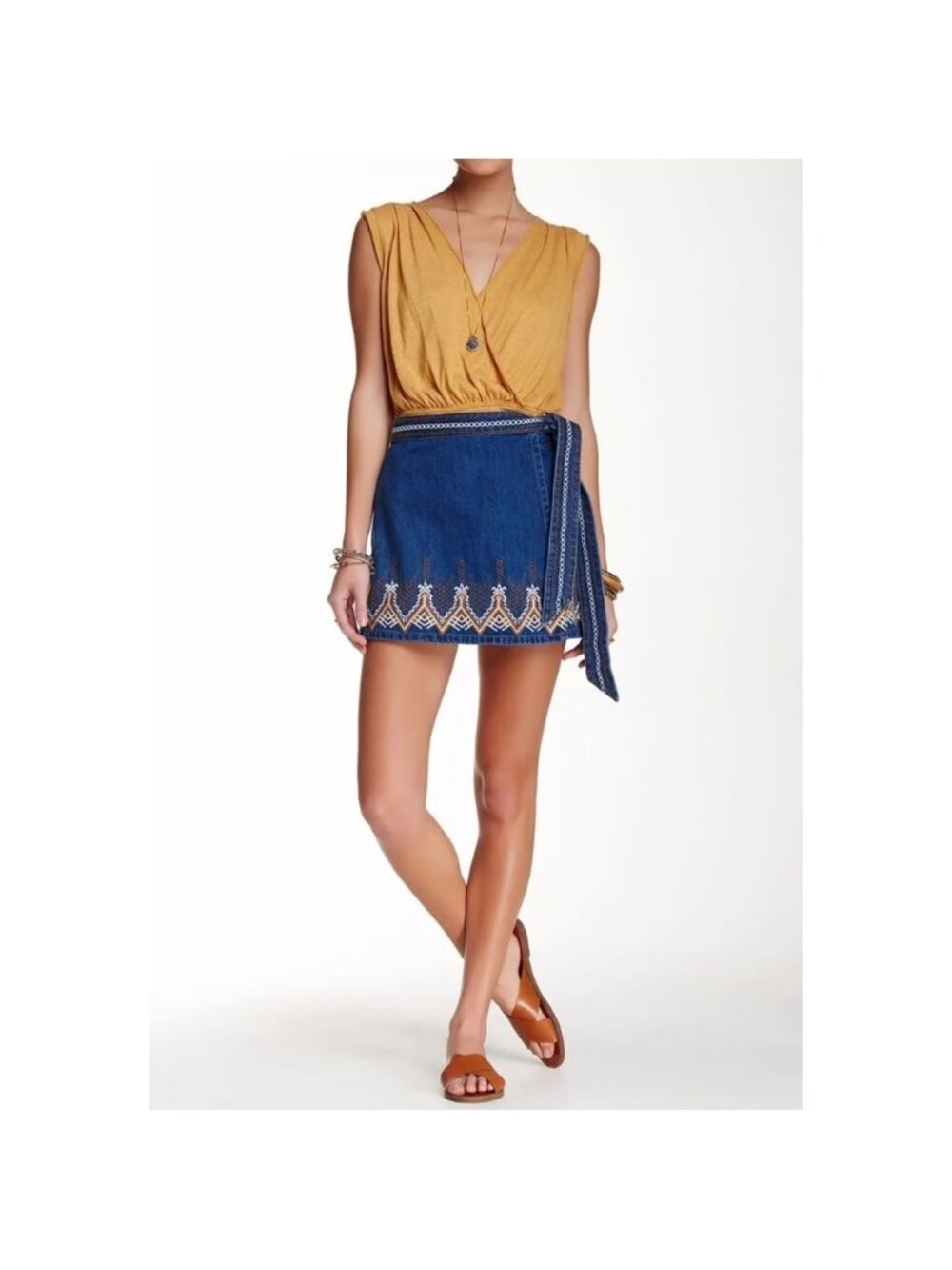 FREE PEOPLE denim wrap mini skirt with embroidered details 4
